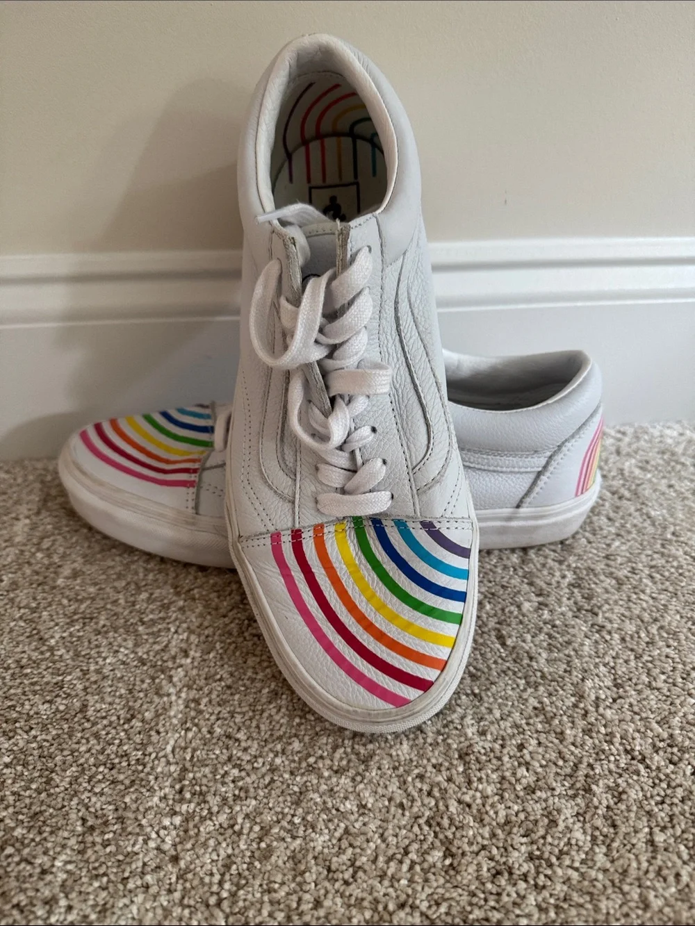 Vans PRIDE White Sneakers with Rainbow Stripe Toe and Heel Accents